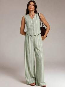SHEIN Tall 女款條紋單排扣背心與長褲休閒兩件套 - 薄荷綠 - 查看 6