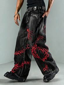 ROMWE MEN Casual 男士深色哥德風刺繡直筒長褲 - 深灰色 - 查看 6