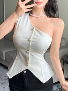 DAZY Women's Summer Autumn Asymmetric Shoulder Sleeveless Waist-Cinching Pearl Button Decor Solid Color Blouse - White - View 4