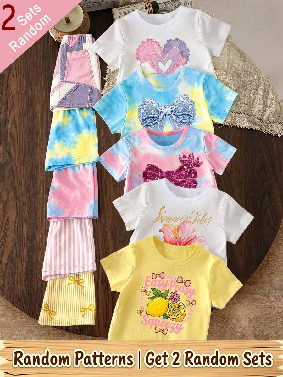 (Random 6 Sets,Send 2 Set)Summer Girls' Creative Personality Tie Dyeing Flower Shining Bow Pattern Printed Basic Short T+Shorts Set - Multicolor - View 1