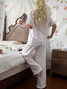CottageSlumber Bubble Crinkle Ruffle Sleeve Chain Print Floral Short Sleeve Long Pants Pajama Set - Multicolor - View 2