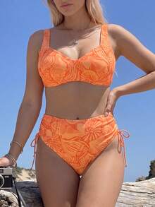 SHEIN Swim European & American Plus Size Orange Shell Print Bikini Set, High Waist Drawstring Tummy Control Swimwear, Vintage Ruched Slimming Two Pieces Set - Orange - View 1