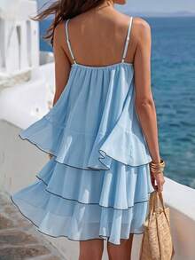 Wandoria Women Summer Light Blue Tiered Ruffle Spaghetti Strap RomperV  Vacation Beach Outfit For Honeymoon Valentine Birthday Beach Cruise Travel Daily Boho - Blue - View 2