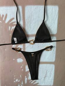 Swim Vcay 女款新款時尚掛脖細肩帶露背金屬飾邊性感三角比基尼套裝 - 黑色 - 查看 2