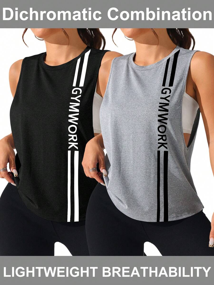 SHEIN Rhythm Era Damen Große Größen Sport Yoga Outdoor Fitness Tanktop Ärmellos T-Shirt 2 Stücke Set mit Brust einseitig Doppelstreifen Buchstaben Muster Basic minimalistischer Stil - Verschiedenfarbig - Übersicht 1