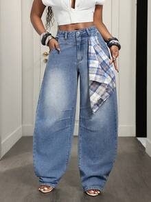 BamGleam Jean en denim bleu clair à carreaux colorés, jambes courbes, multi-poches, avec ceinture, style de rue extérieur pour vacances, printemps/été, pour femmes - Jean clair - Voir 5
