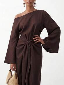 Zivah Women's Solid Color One Shoulder Waist Knot Casual Elegant Party Dinner Vacation Travel Long Dress Brown Autumn - Brown - View 10