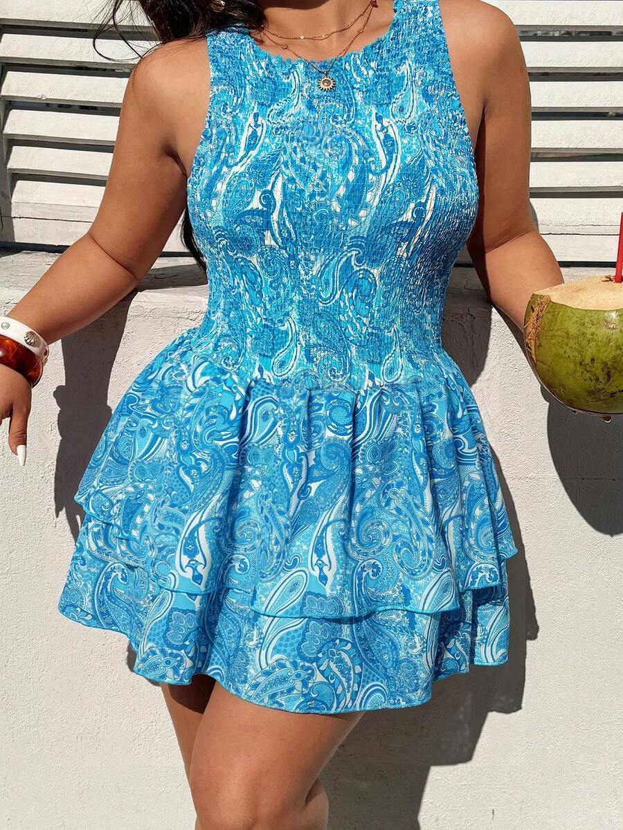 Sunnyshic Summer Red Tone Sweet & Spicy Style Cashew Flower Short Dress, Sleeveless Shirred Waist Double Layer Hem, Bohemian Vacation Dress - Blue - View 1