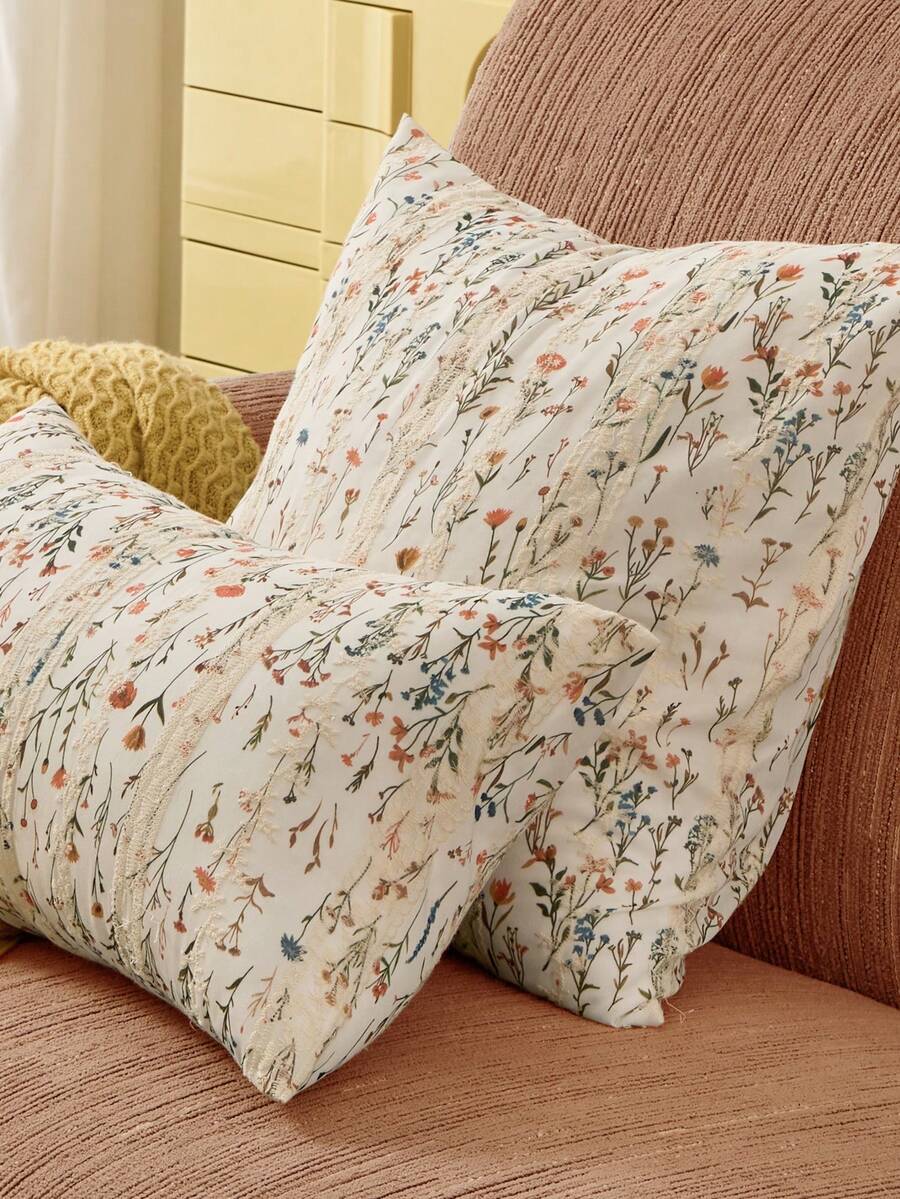 SHEIN قطعة واحدة، غطاء وسادة مربع مستطيل مطرز بنقوش زهرية صغيرة باللون البيج المشمشي، مطرز، مطرز، مطبوع، غطاء وسادة ديكوري، مناسب للاستخدام اليومي - متعدد الألوان - مشاهدة 1