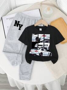 SHEIN Kids RACING, SPORTS CAR, NY, NEW YORK CITY, Young Boy Casual Minimalist Crew Neck Short Sleeve T-Shirt And Long Pants 2-Piece Set - Black - View 2
