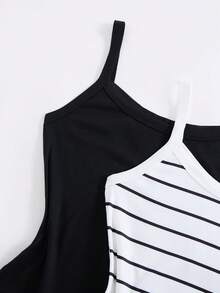 SHEIN LUNE 2026新款百搭連身內衣 條紋/純黑兩色 貼身細肩帶女款 辣妹顯瘦 百搭內搭外穿底層 適合居家、辦公、通勤、約會 - 黑與白 - 查看 4