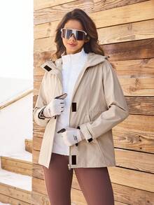 OutZeal Women Outdoor Jacket Solid Color Casual Hiking Drawstring Waist Zip Pocket Hooded Jacket - Apricot - View 8