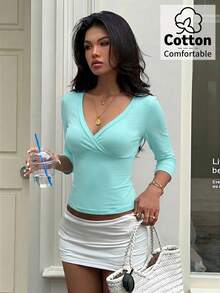 Aloruh Aqua Blue V-Neck 3/4 Sleeve Slimming T-Shirt Everyday Sexy Autumn Casual Outfits Clothes Beach Everyday Going Out Vacation Boho Y2k Clothes Y2K Tops - Teal Blue - View 6