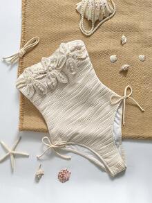Bonvoyette Women's Summer New Solid Color Coffee Fabric Starfish Pearl Decor One-Piece Swimsuit, Suitable For Beach Vacation, Date Party, Slim Fit Sexy Swimsuit, Side Bow Tie Swimsuit, Strapless Bandeau One-Piece Swimsuit, 3D Floral Decoration - Beige - View 3