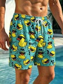 Surfspeed Pantalones cortos de playa con cordón en la cintura y estampado de pato de dibujos animados para hombre de talla grande - Verde - Ver 5