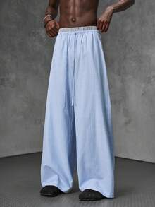 NEON BLANC Men's Slate Blue Wide Leg Pants, Drawstring Waist Loose Fit Streetwear - Blue and White - View 3
