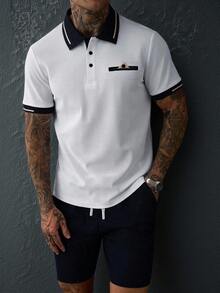 Manfinity CasualCool 男士拼色短袖 Polo 衫與短褲休閒套裝，海軍藍夏季度假風 - 白色 - 查看 3