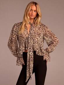 COSMINA Women's Fashion Leopard Print Tie-Front Ruffle Blouse - Multicolor - View 4