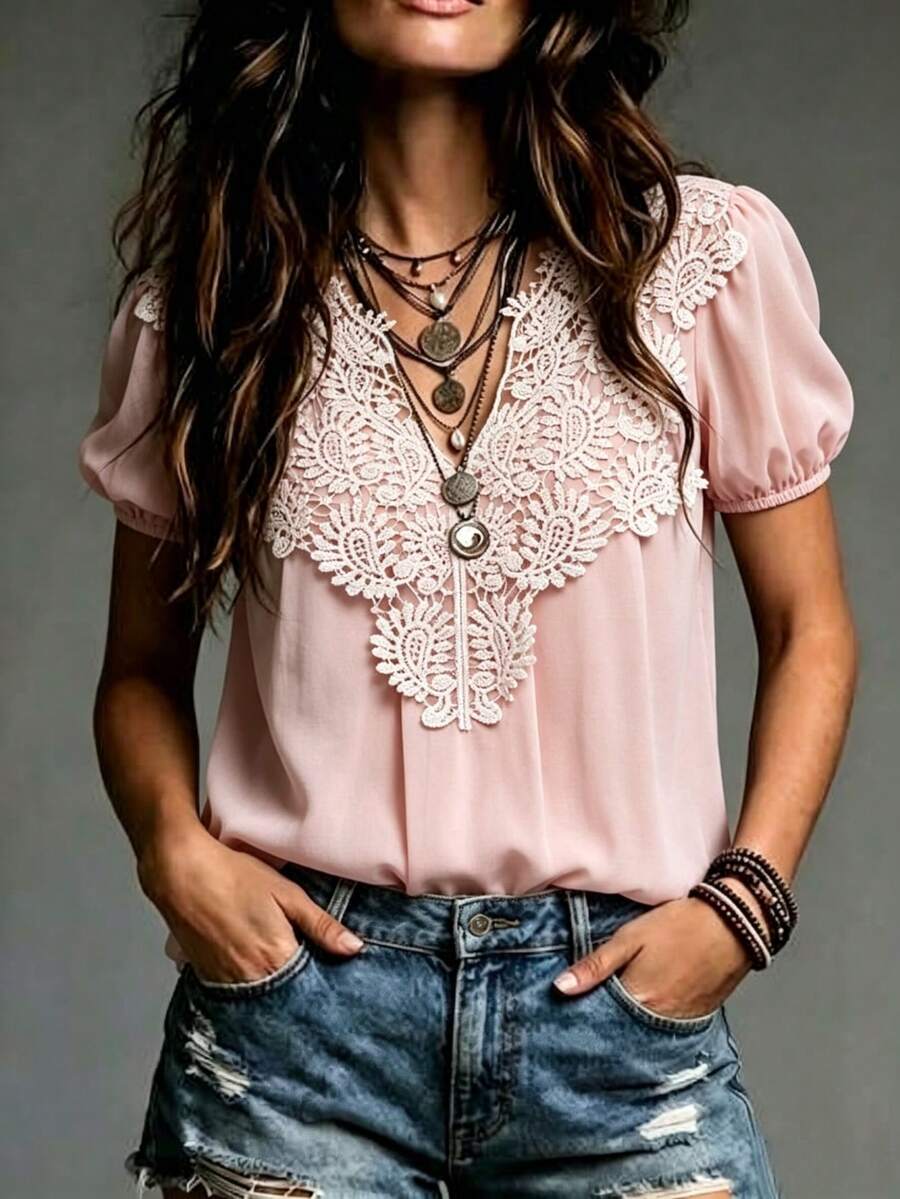 SHEIN Holidaya V-Neck Chiffon Blouse For Women, Commuting Style/Summer ...