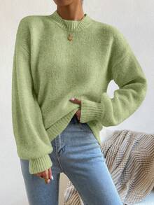 SHEIN 秋冬休閒百搭純色毛衣 - 綠色 - 查看 3