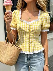 SHEIN PariChic Blusa de manga corta abullonada con cuello cuadrado y ribete con volantes, a cuadros amarillos y blancos - Amarillo - Ver 1