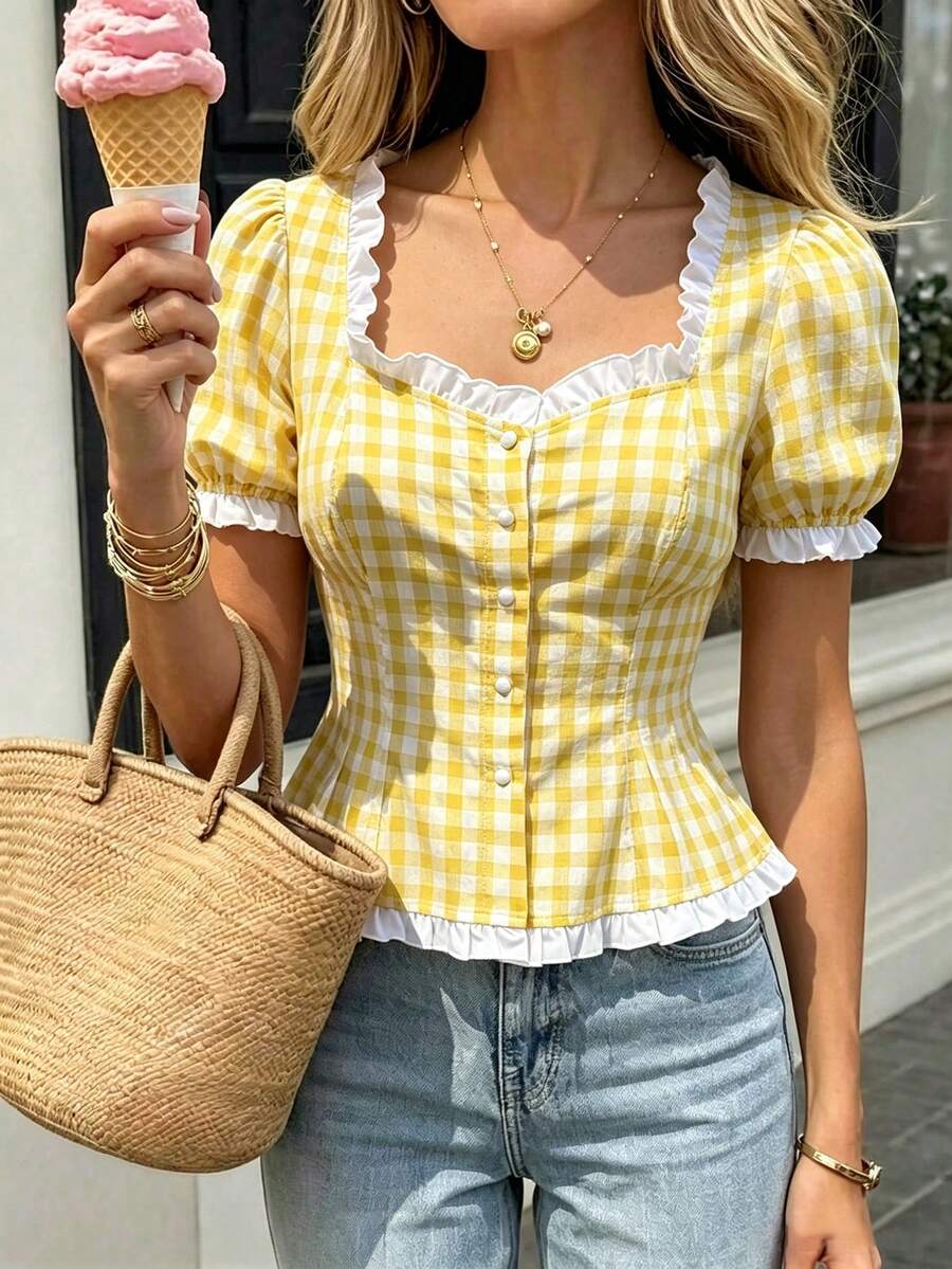 SHEIN PariChic Blusa de manga corta abullonada con cuello cuadrado y ribete con volantes, a cuadros amarillos y blancos - Amarillo - Ver 1