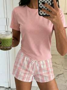 SHEIN 青少年女孩休閒寬鬆極簡風圓領短袖短褲居家服，適合春夏穿著 - 彩色 - 查看 5