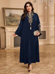 Al Najma Plus Size Women Floral Print Tassel Design Flare Sleeve Elegant Arabic Style Dress - Navy Blue - View 6