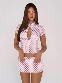 SHEIN ICON 女款 2 件組波點網格印花鏤空前開襟上衣與緊身迷你裙套裝 - 粉色 - 查看 2