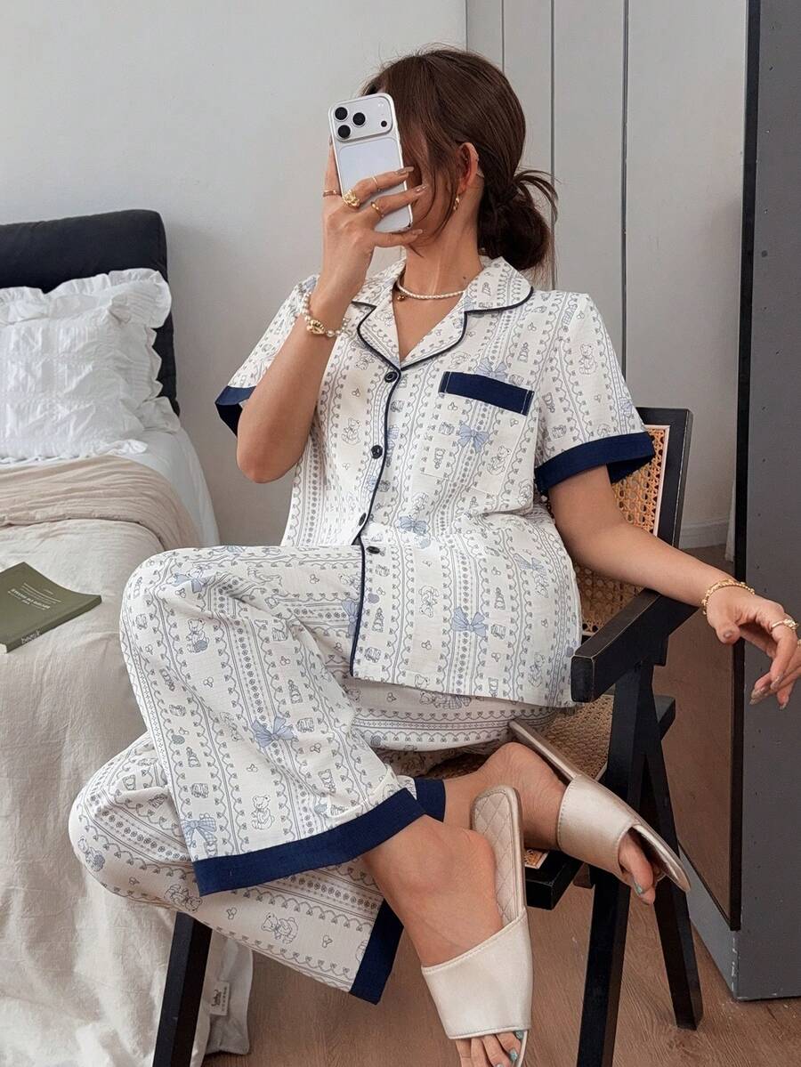 Napfluff Cartoon Print Lapel Pajama Set, Loose Casual Colorblock 2 Pieces Loungewear (2pcs) - Multicolor - View 1