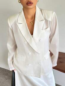 Dazy Plus Solid Color Casual Padded Shoulder Notch Lapel Loose Fit Plus Size Women's Long Sleeve Allover White Blazer Western Outfits Autumn Formal - Apricot - View 6