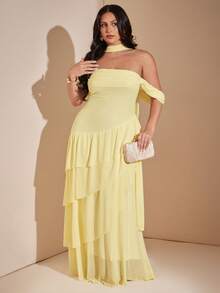 SHEIN BAE CURVE 大尺碼女款淺黃色荷葉邊浪漫長洋裝 - 黃色 - 查看 5