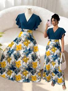 Elenzga Vestido ajustado y acampanado con cuello cruzado, volantes y mangas cortas, con estampado floral colorido, para primavera/verano - Multicolor - Ver 4