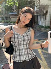 DAZY 女款荷葉邊條紋甜美清新輕盈無袖上衣，夏季 - 淺灰色 - 查看 3