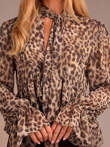 COSMINA Women's Fashion Leopard Print Tie-Front Ruffle Blouse - Multicolor - View 7