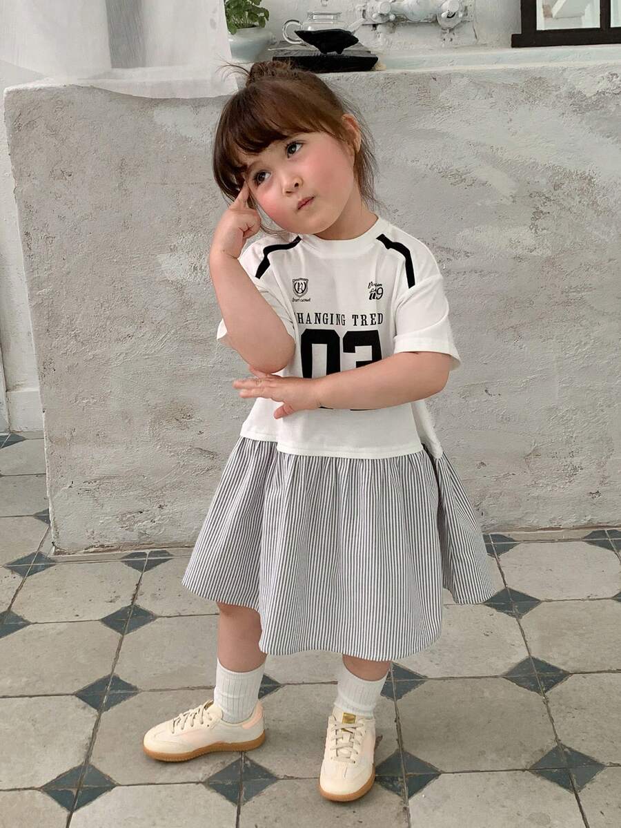 Dazy Kids 嬰兒/幼兒（女童）圓領條紋拼接短袖英文印花洋裝 - 灰色 - 查看 1