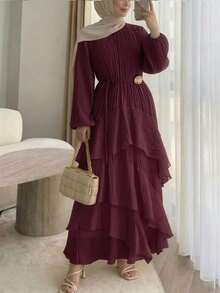 Solavon Plus Size Women's Elegant Dress With Stand Collar, Raglan Lantern Sleeves And Ruffle Hem Fall - Burgundy - View 3