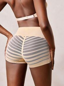 Veilyse 1pc Women High Waist Shaping Panties, Striped Lifting Mesh Waist Slimming Pants, Abdomen Control Flat Belly Shapewear Shorts - Apricot - View 2
