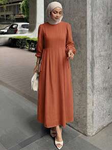 DAZY Spring Summer Loose Casual Elegant Round Neck Blue Women's Long Dress - Rust Brown - View 5