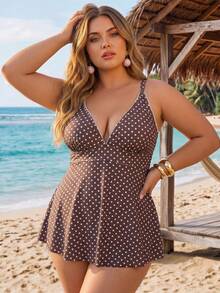 SHEIN CURVE+ Plus Size Women's Summer Beach Vacation Polka Dot Print Tankini Swimwear - Brown - View 5