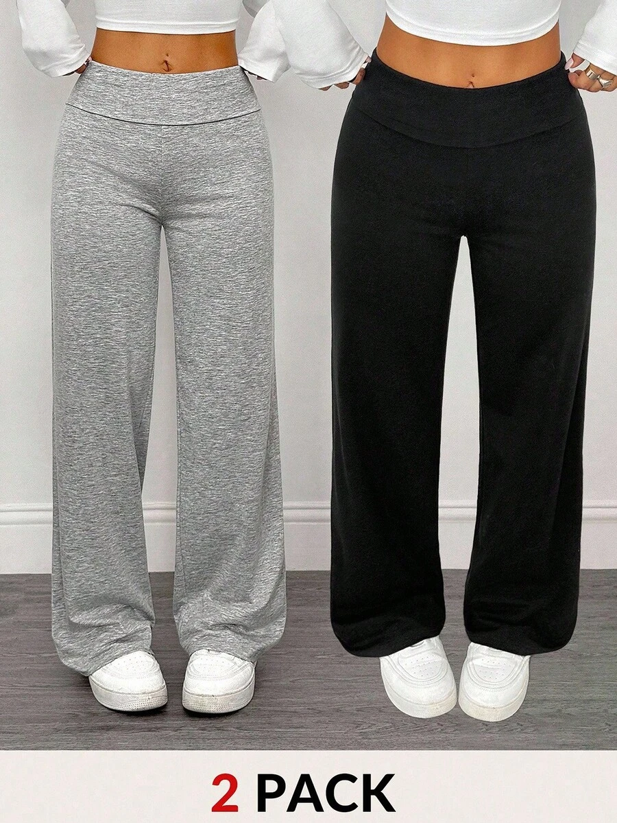 SHEIN Tween女孩雙腰帶羅紋長褲 灰色黑色 2件套,買1送1,2套 - 彩色 - 查看 1