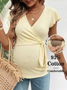 SHEIN Solid Color Minimalist Twist Front Short Sleeve Nursing Top - Multicolor - View 1