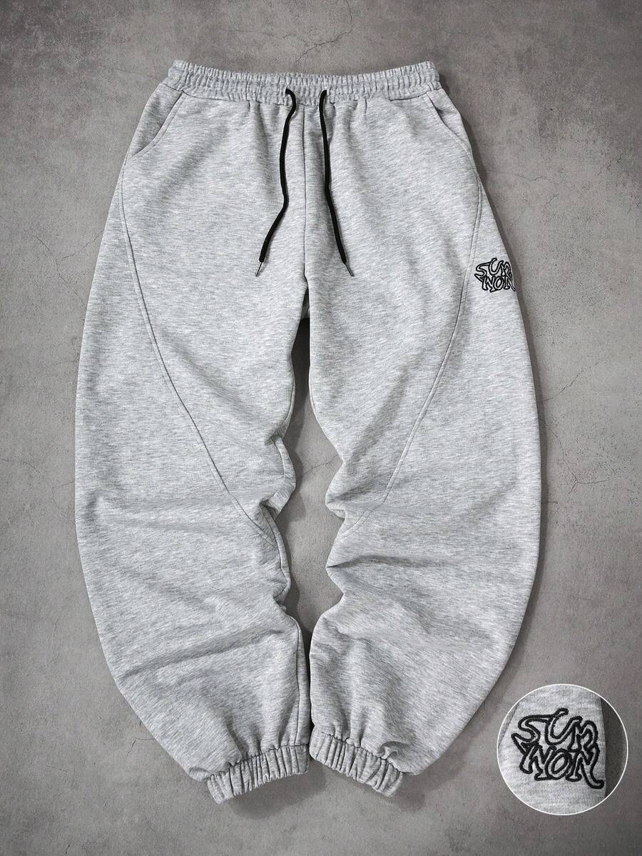SUMWON Oversized Fleece Jogger Sweatpants With Drawstring Waist Elasticated Cuffs And Logo Embroidery - Grey - View 1