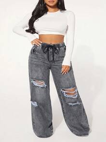 SHEIN SXY Celana Jeans Denim Kasual Wanita Ukuran Besar dengan Tali Serut di Pinggang dan Saku, Model Lebar dan Rusak. - Light Grey - View 5