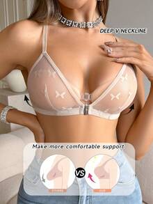 SHEIN 1 pieza Sujetador de malla transparente con cierre delantero y diseño de mariposa - Albaricoque - Ver 5