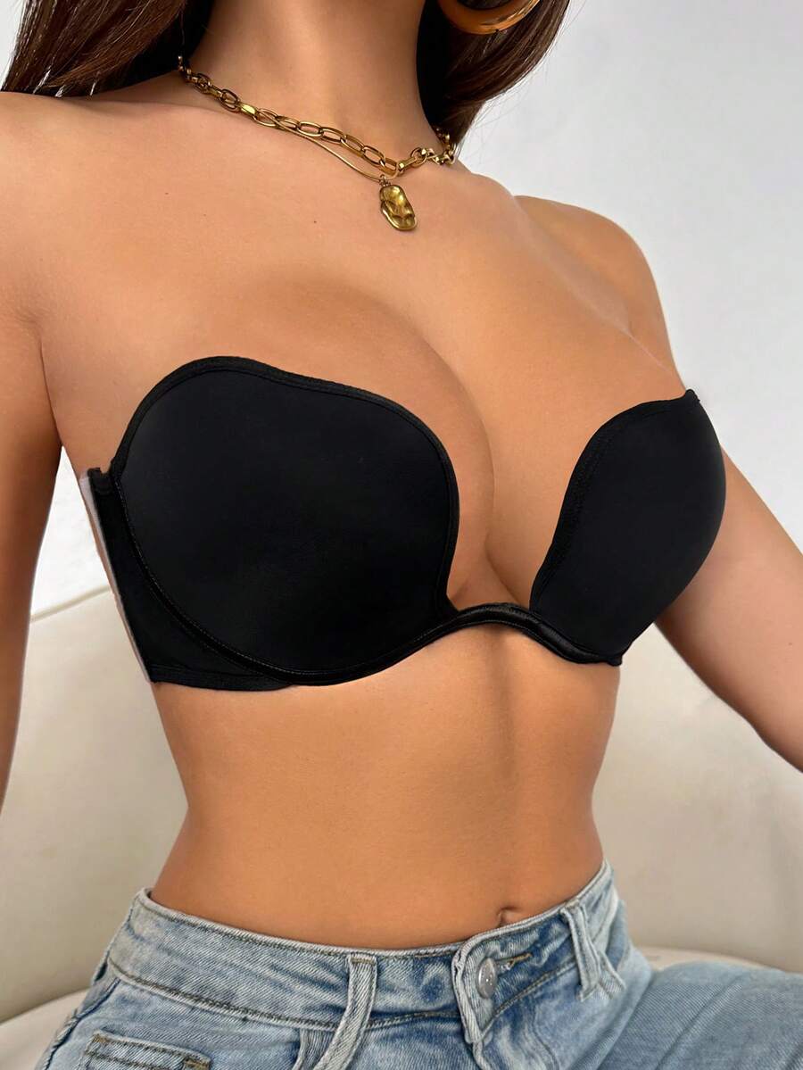 LustreForm Áo ngực nâng ngực không dây khoét sâu chữ U thấp, không trượt, có gọng, không đường may, tàng hình (bao gồm 1 cặp miếng đệm cánh bên, không gắn liền với sản phẩm) - màu đen - Xem 1