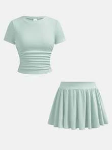 SHEIN Girlism 兒童青少年女孩夏季修身 T 恤與裙子 2 件套，新款綠色純色短袖 T 恤與防走光裙子套裝，女孩百搭日常通勤套裝，適合日常穿著、優雅派對、約會、家庭聚會、畢業典禮、度假 - 薄荷綠 - 查看 4