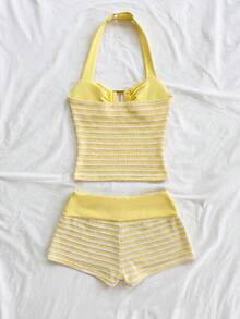 SHEIN Tween女孩時尚休閒度假條紋拼接掛脖背心套裝，海灘度假風 - 黃色 - 查看 2