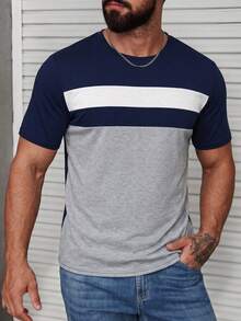 Manfinity CasualCool Kaos Pria Lengan Pendek Kerah Bulat Warna Kontras Kasual Serbaguna - MultiWarna - View 6
