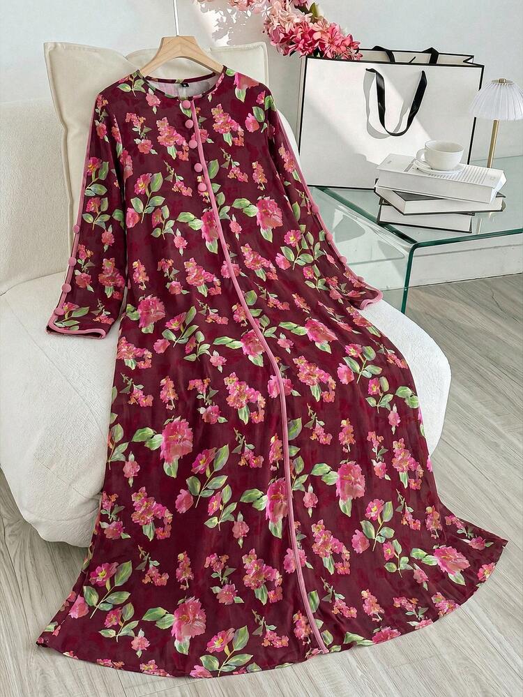 Al Najma Conservative Casual Printed Trim Women's Traditional Arabic Long Tunic - Burgundy - View 1